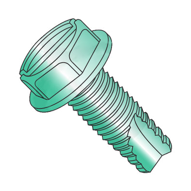 10-24 x 3/8 Slotted Indented Hex Washer Thread Cutting Screw Type 23 Fully Threaded Zn Grn-Bolt Demon